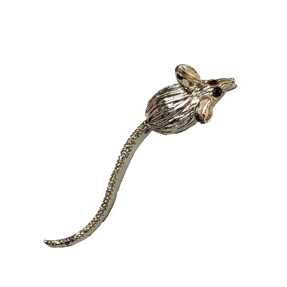 Vintage Mouse Brooch Pin Red Rhinestonnes‎ Gold-tone 2.5